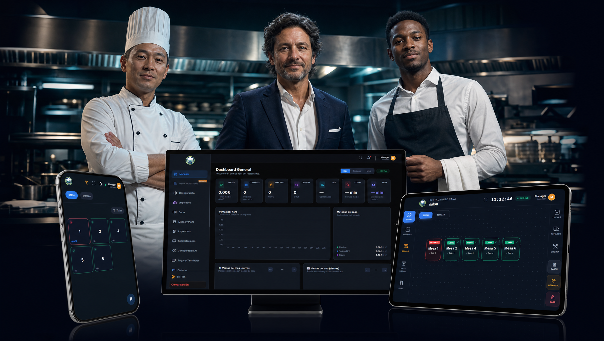 GastroGenius en PC, tablet y móvil con el equipo de un restaurante profesional