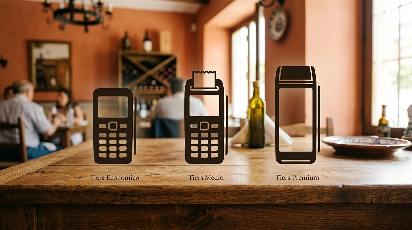 Iconos de tres TPV con etiquetas de precio bajo, medio y premium