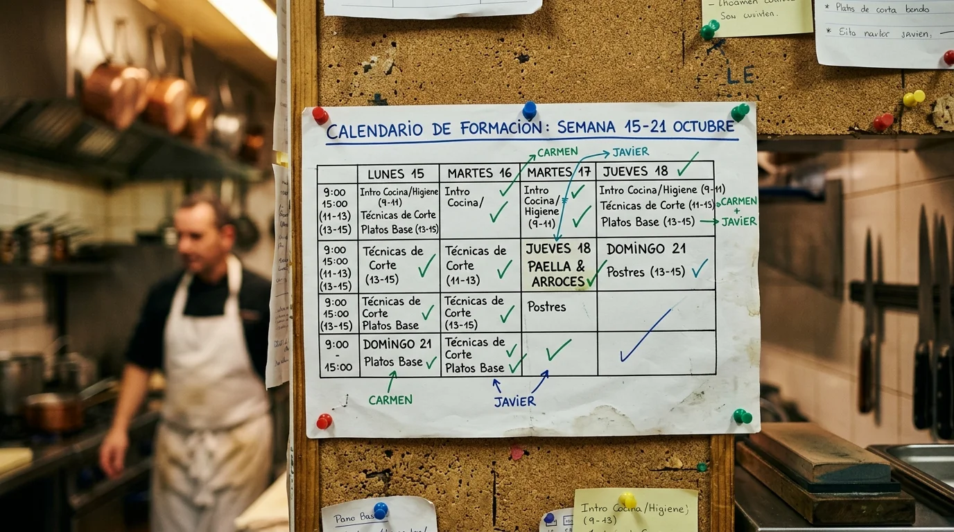 Calendario de plan de formación de 7 días pegado en pared de cocina