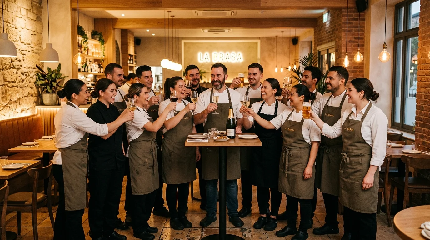 Equipo completo de restaurante celebrando éxito al final del turno