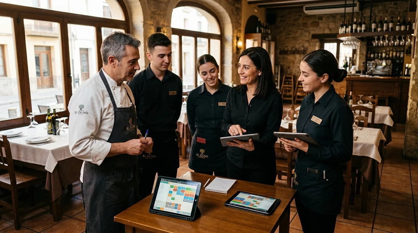 Equipo de camareros y cocineros en formación con tablets en restaurante