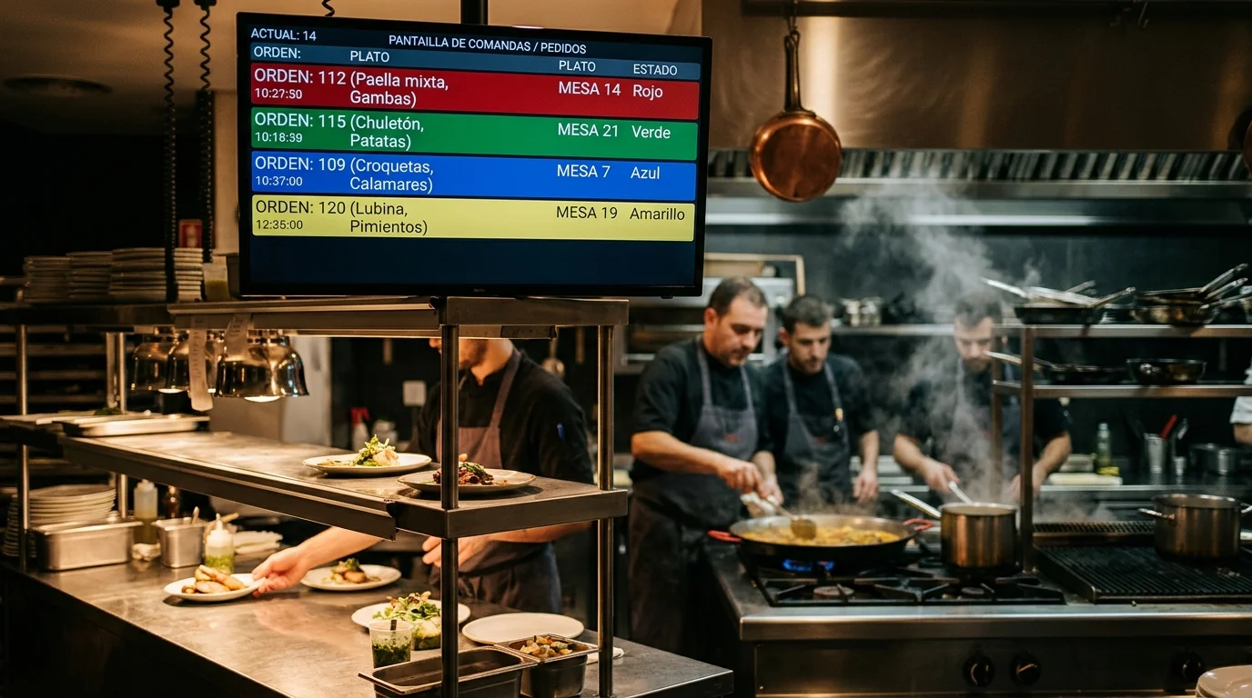 Pantalla KDS en cocina de restaurante