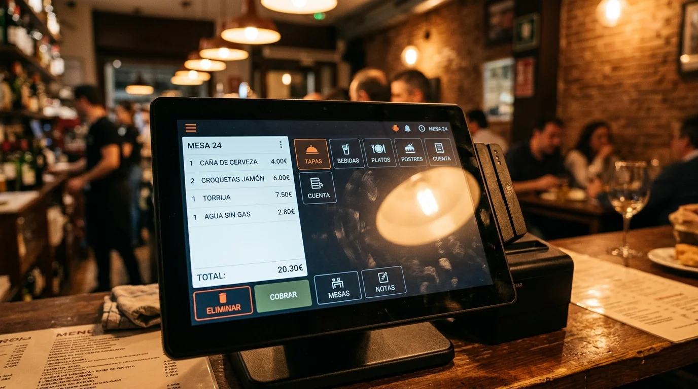 Detalle de pantalla TPV táctil con interfaz de pedidos