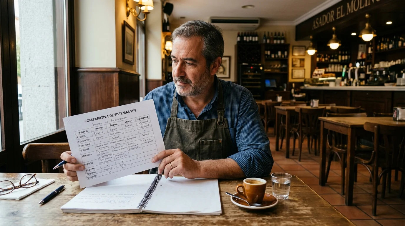 Restaurador revisando comparativa de TPVs en papel