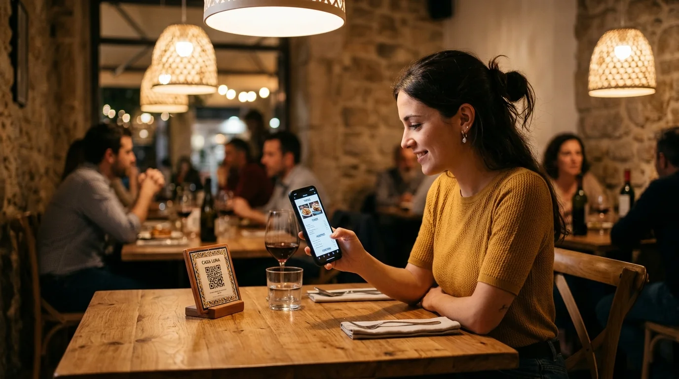 Cliente escaneando QR de mesa con móvil mostrando carta digital