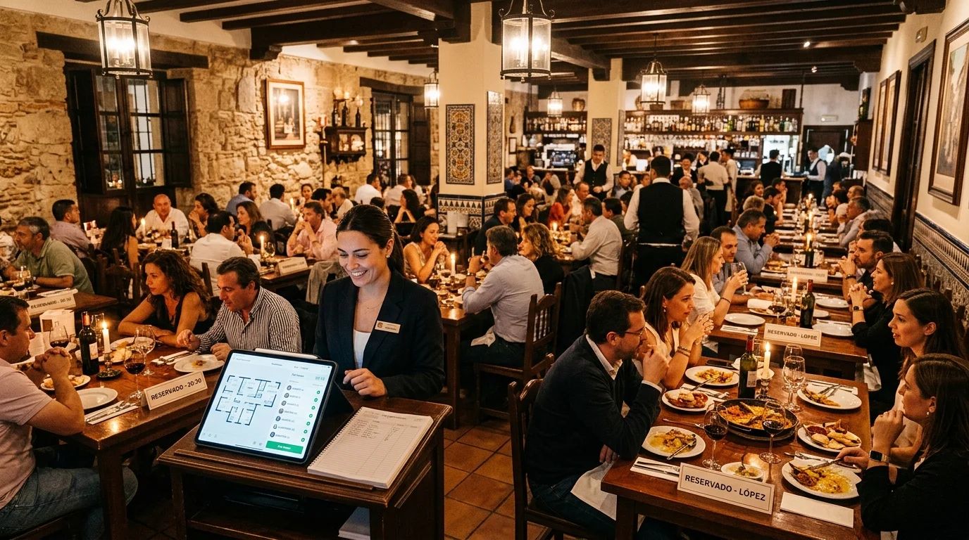 Comedor de restaurante lleno con cartas de Reservado en mesas