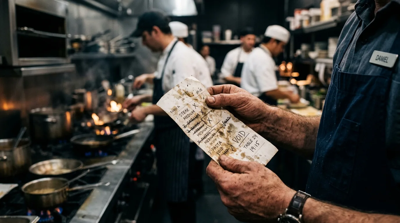 Manos de camarero sosteniendo ticket de papel arrugado con tachaduras y manchas, cocina al fondo