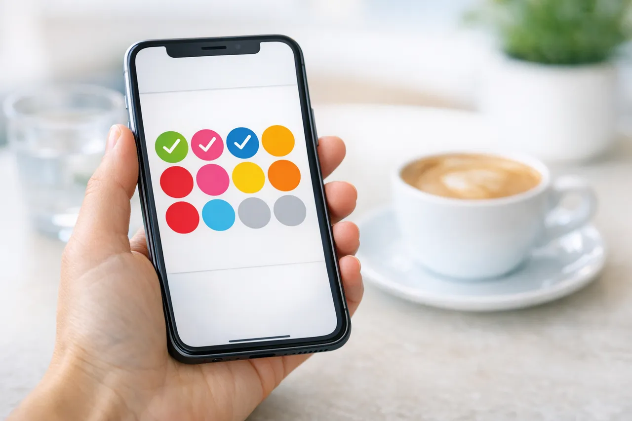 Mano sujetando un móvil con una tarjeta de fidelidad digital con sellos de colores