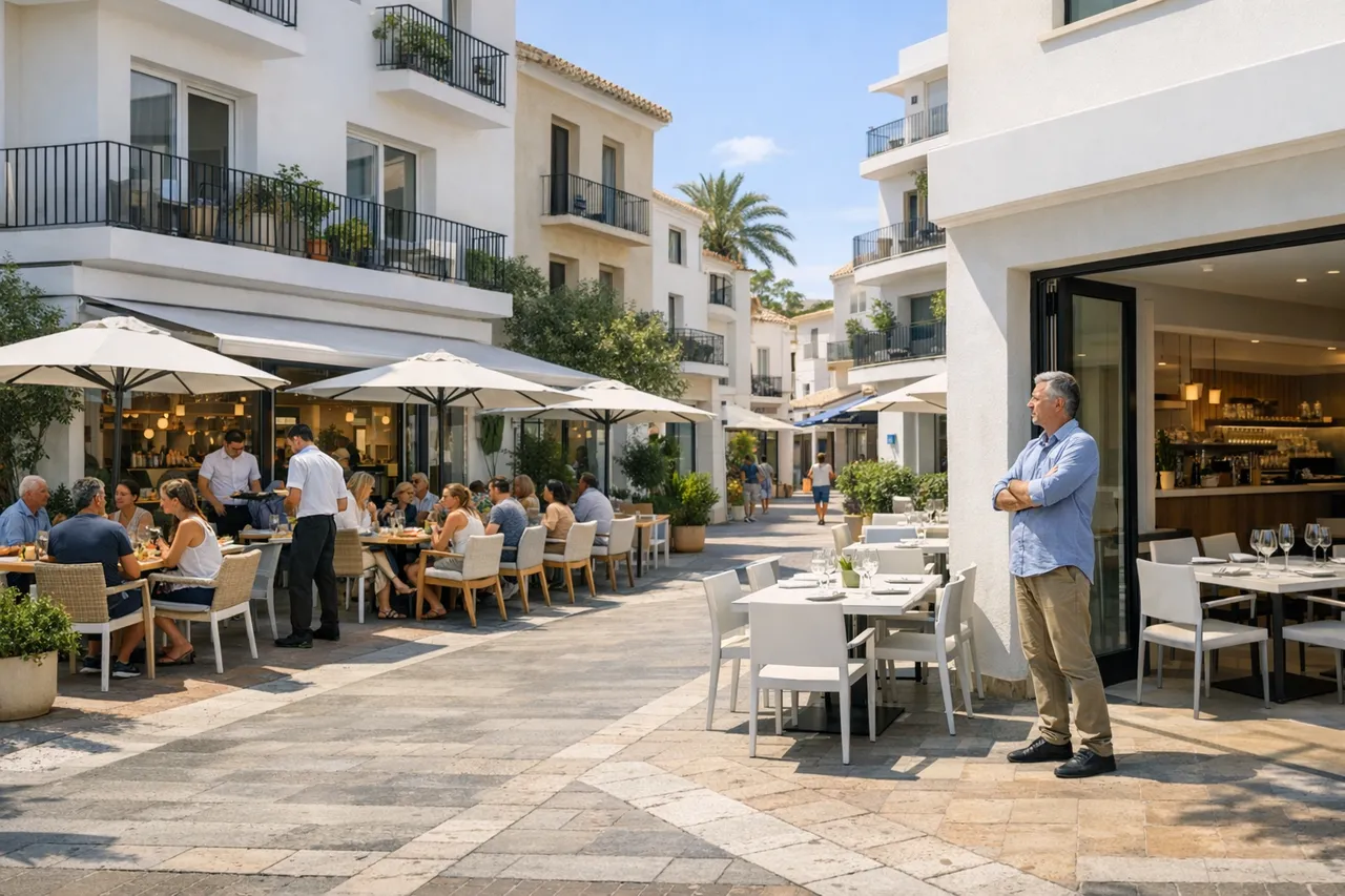 Dos restaurantes frente a frente: uno con la terraza llena y otro con las mesas vacías