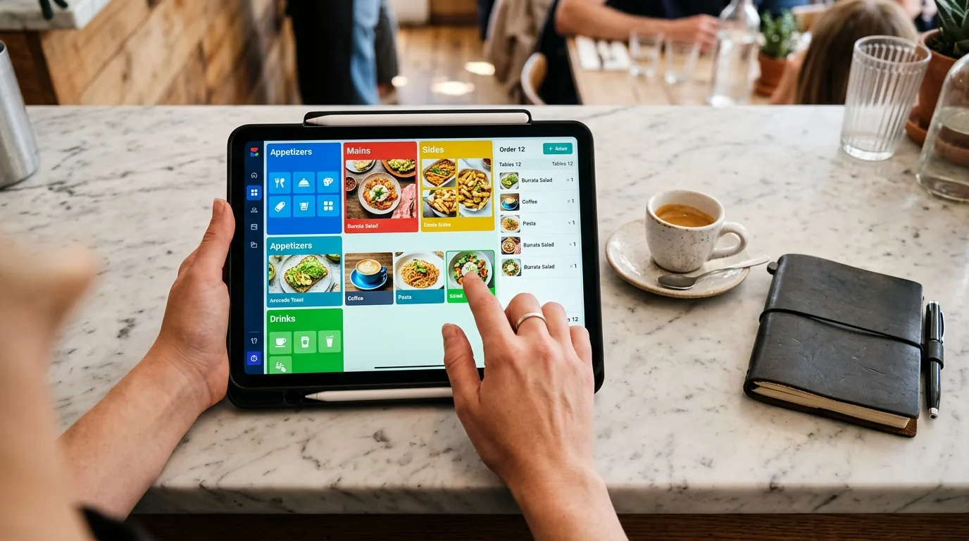 Tablet de restaurante mostrando interfaz de gestión de comandas sobre encimera de mármol