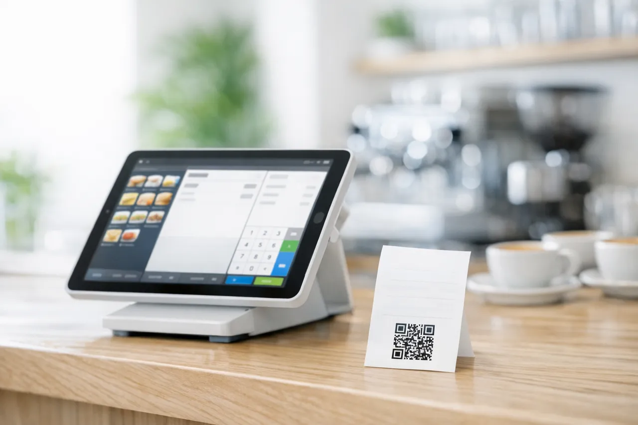 Tablet de caja junto a un ticket con código QR en la barra de un restaurante