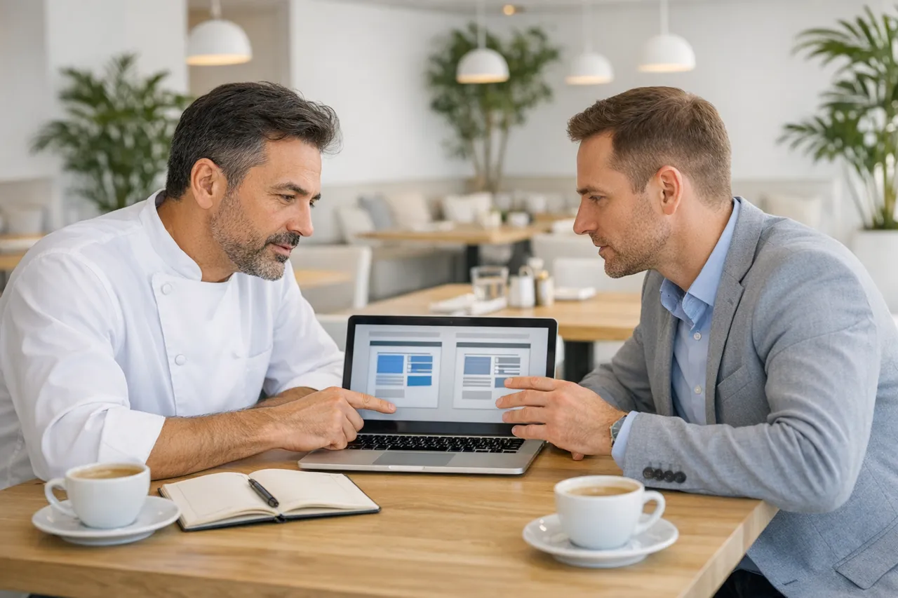 Dueño de restaurante y asesor comparando dos opciones de software en un portátil