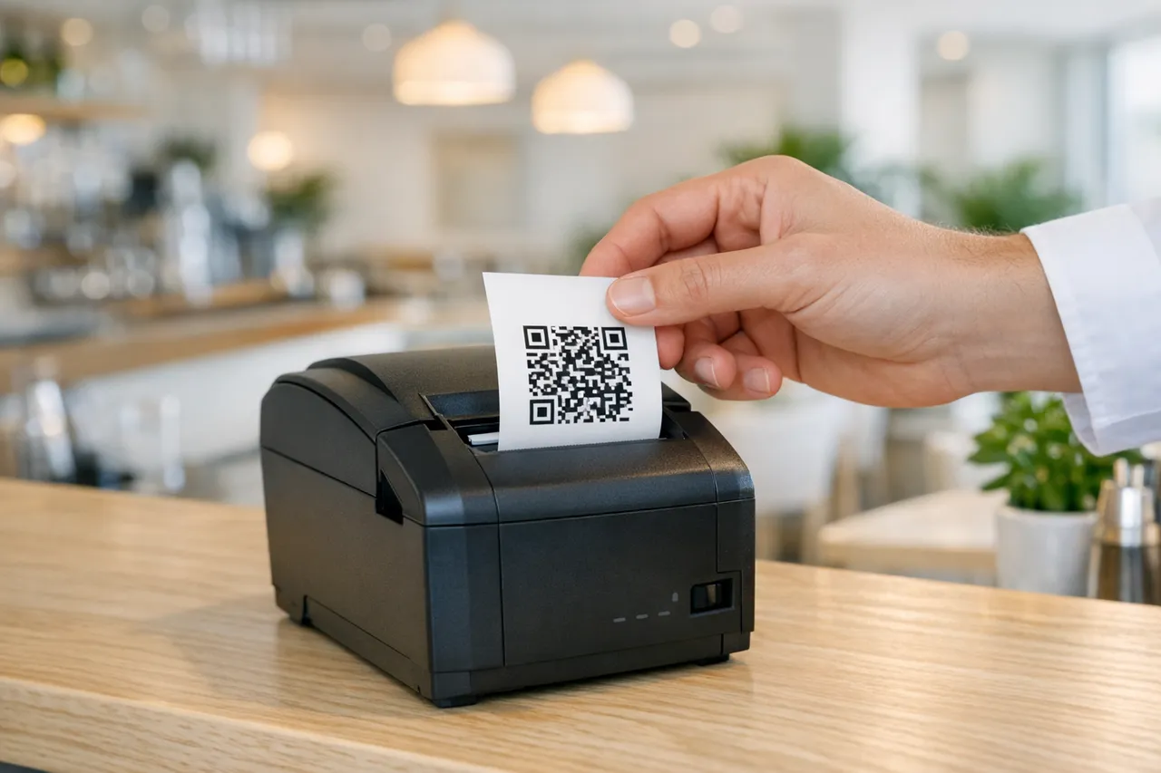 Impresora de tickets de un restaurante imprimiendo un ticket con código QR