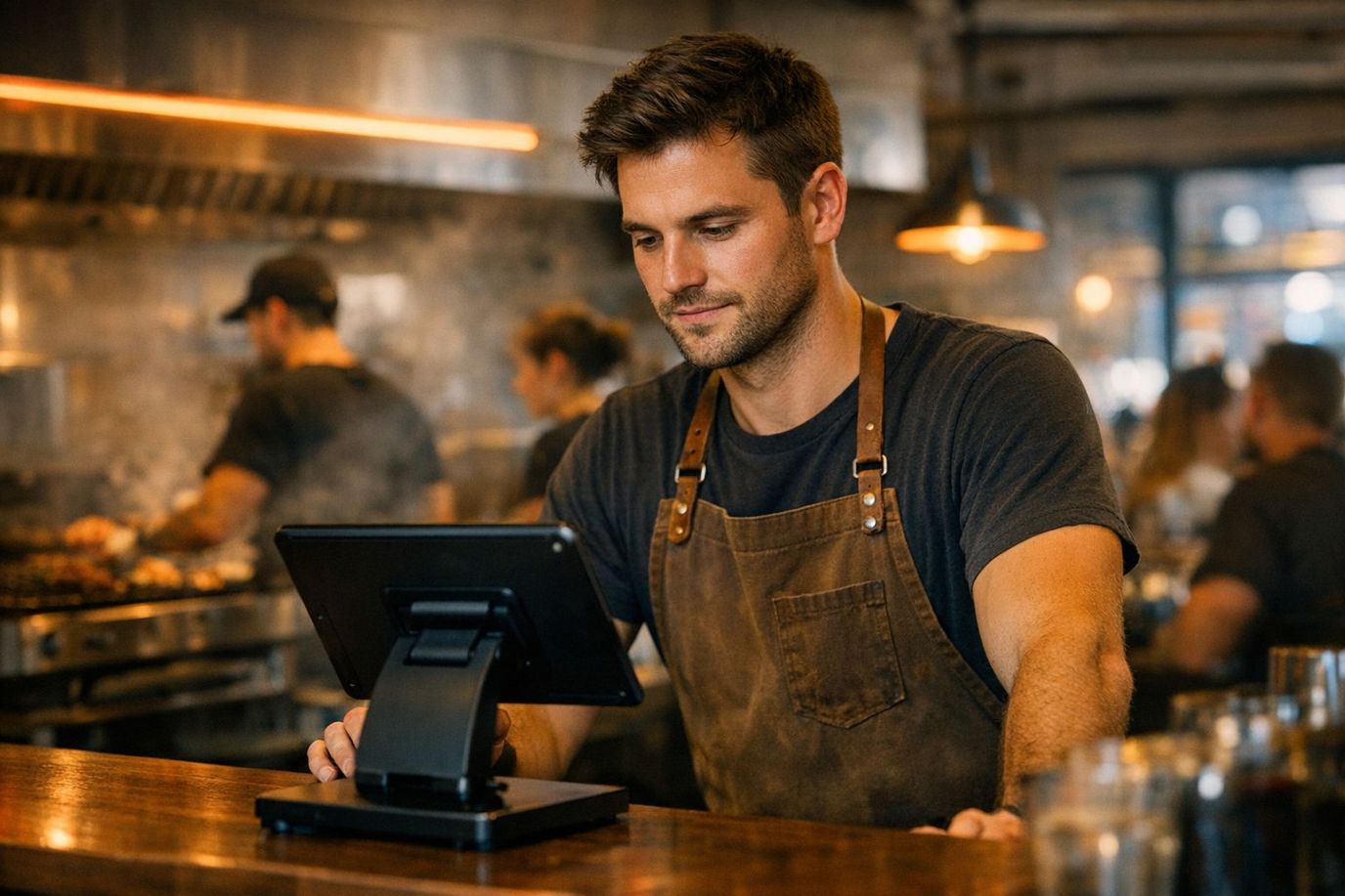 Camarero en la barra de un restaurante consultando la pantalla de la caja durante el servicio