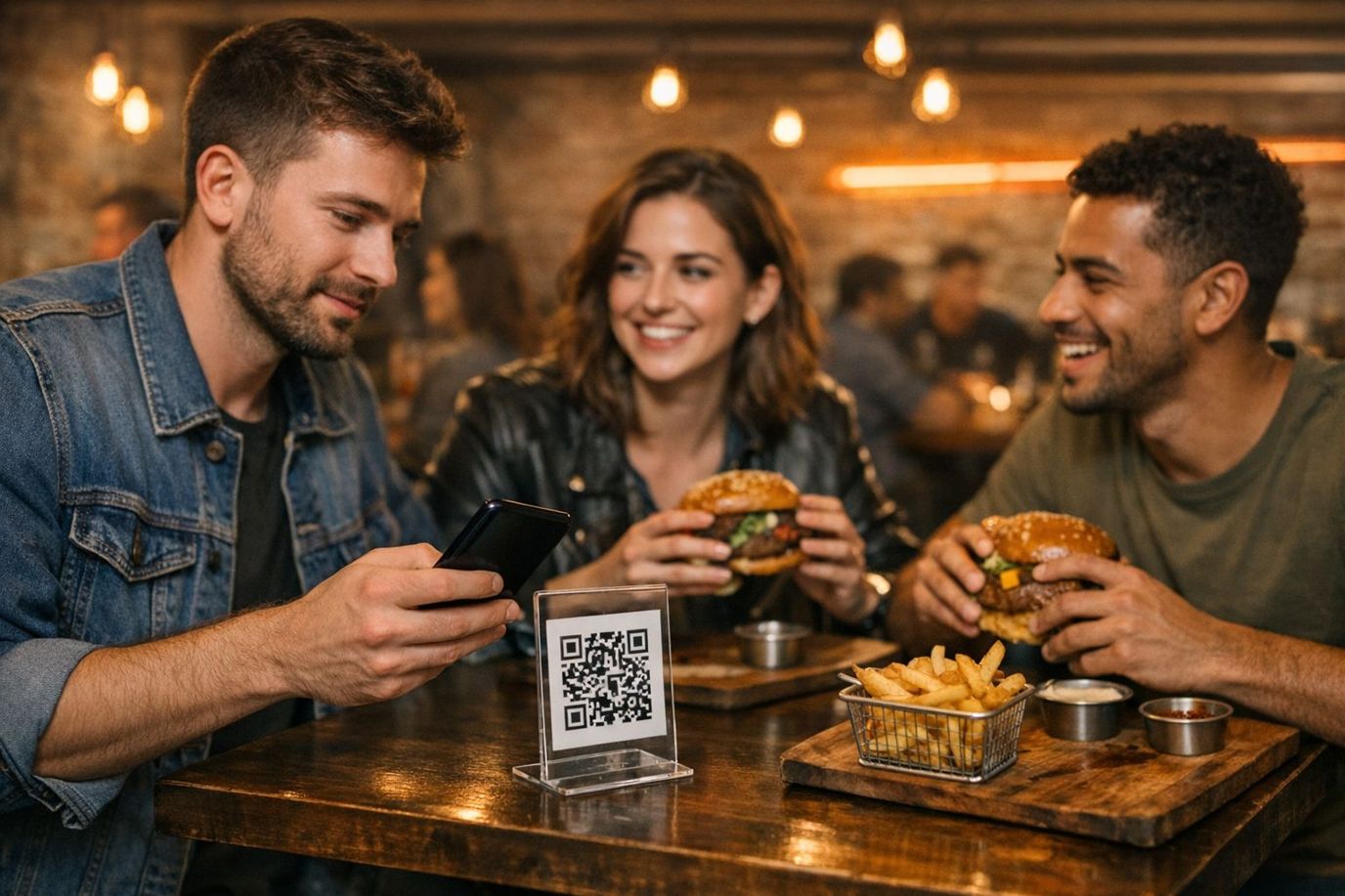 Grupo de amigos cenando hamburguesas; uno escanea con el móvil el código QR de la mesa para apuntarse al club del restaurante