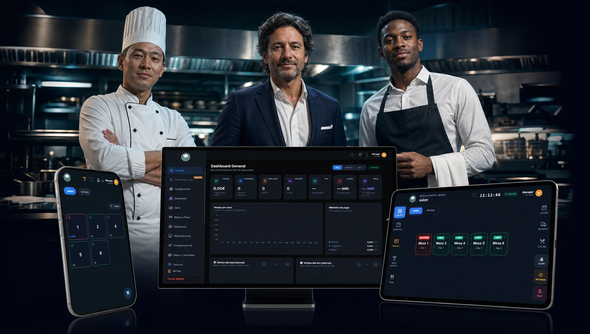 TPV táctil GastroGenius funcionando en una tablet Android y en un móvil