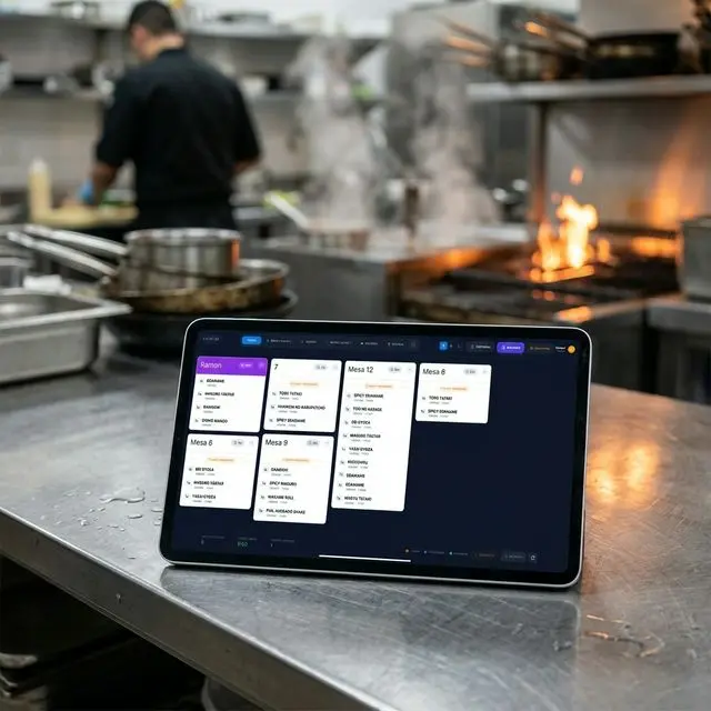 Pantalla de cocina KDS de GastroGenius en una tablet en la cocina