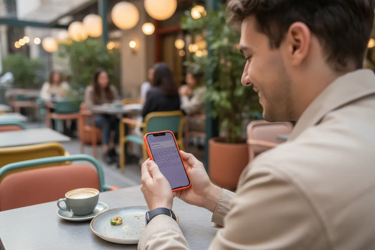 Cliente en una terraza sonriendo al ver en su iPhone el aviso de su tarjeta del club
