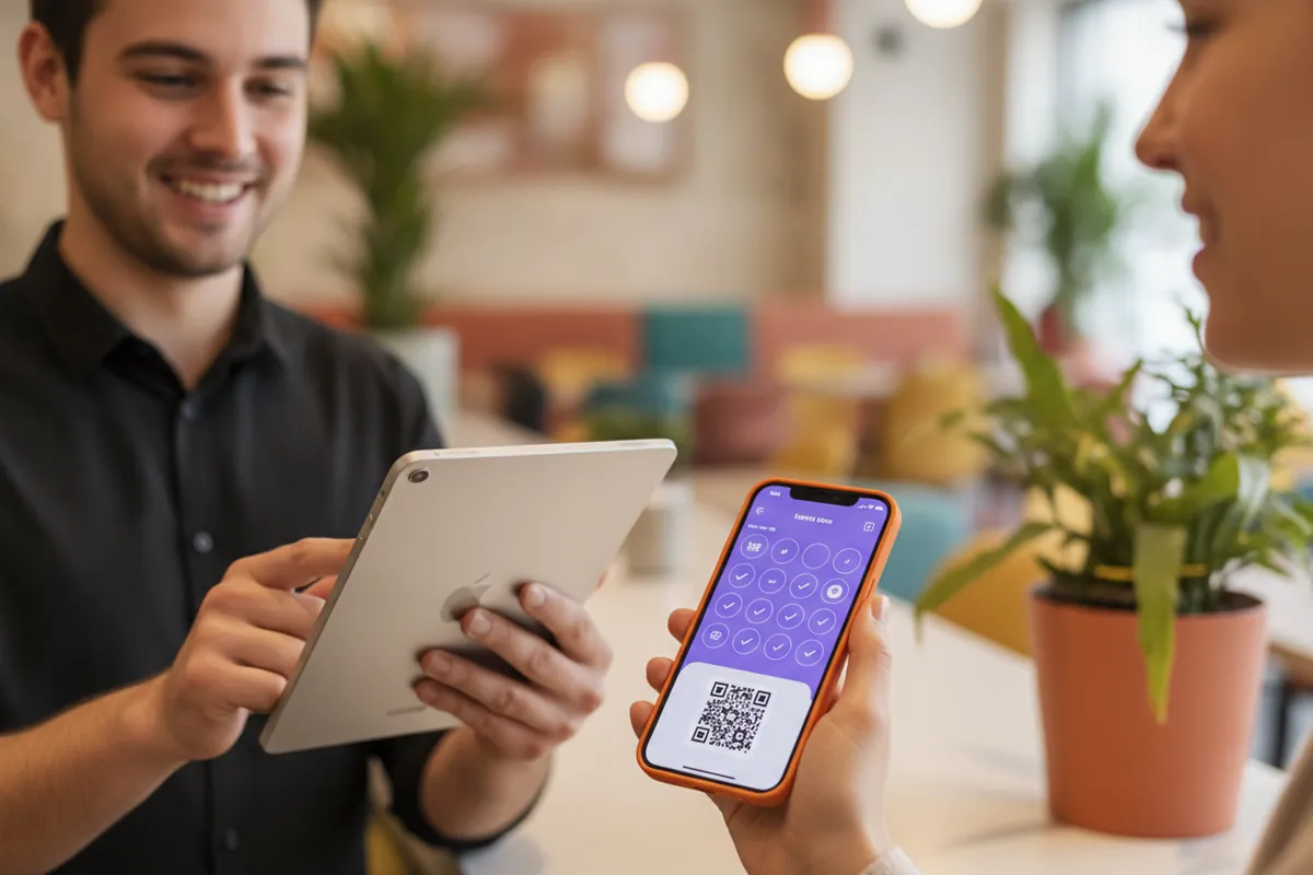 Camarero con una tablet y clienta enseñando en su iPhone la tarjeta del club con el código QR