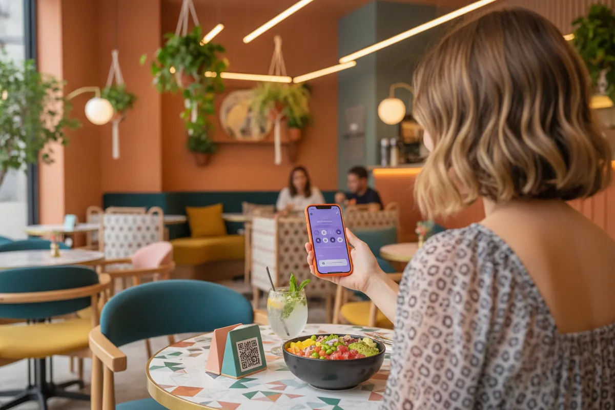 Clienta en un restaurante moderno y colorido escaneando con su iPhone el QR del club, junto a un poke y una limonada