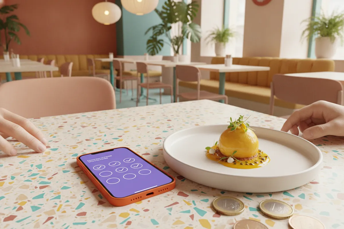 iPhone con la tarjeta de sellos del club junto a un postre de regalo y unas monedas de euro en una mesa de terrazo