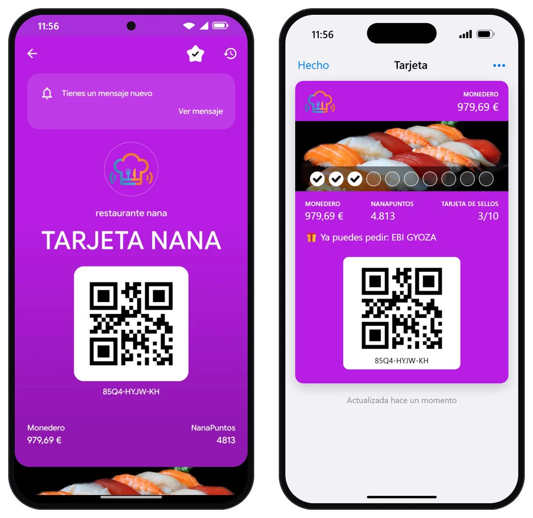 La tarjeta del club de un restaurante en Google Wallet (Android) y en Apple Wallet (iPhone), con el logo, la foto con 3 de 10 sellos, el saldo y el código QR del socio